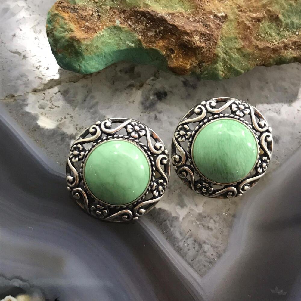 Carolyn Pollack Sterling Silver Round Green Turquoise Decorated Clipon Earrings